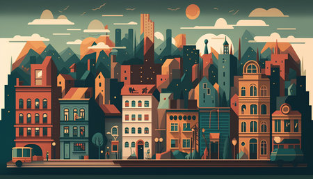 Cityscape with old houses and streets. Vector illustration in flat styleの素材