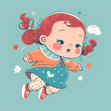 Cute little girl with red hair. Vector illustration in cartoon style.の素材