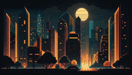Night cityscape with skyscrapers, trees and sun. Vector illustration.の素材