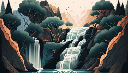 Waterfall in the forest. Vector illustration in a flat style.の素材