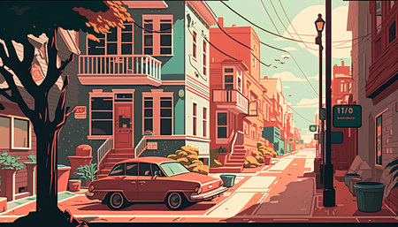 City street with old cars, houses and trees, vector illustration.の素材