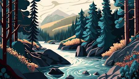 Mountain river landscape with forest and high peaks. Cartoon style vector illustration.の素材