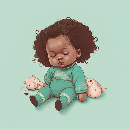 Cute little african american baby girl sleeping with her toys. Vector illustration.の素材