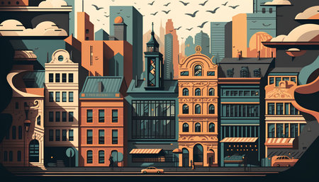 Cityscape with buildings and streets. Vector illustration in flat style.の素材