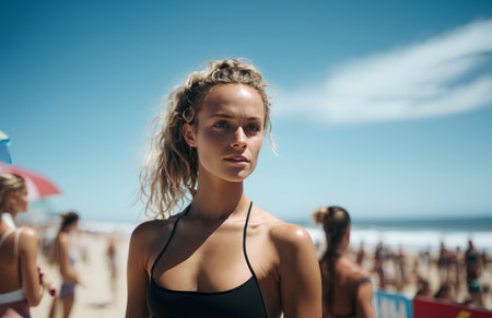 Portrait of a beautiful young woman in a swimsuit on the beachの素材