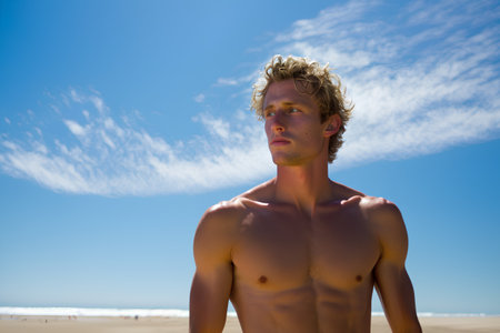 Handsome young man with blond curly hair on the beach.の素材