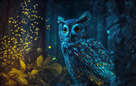 Owl in the night forest. 3D illustration. Fantasy.の素材