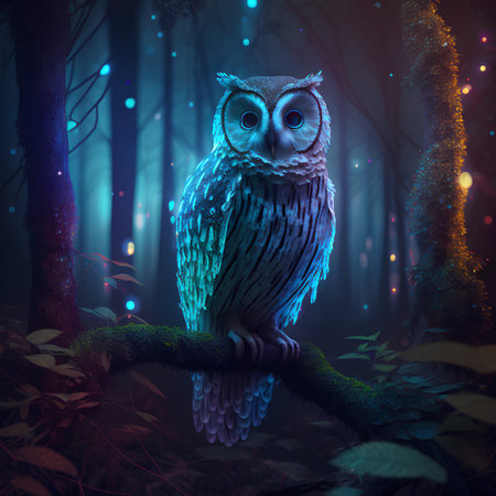 Night forest with a beautiful owl in the dark. 3d renderingの素材