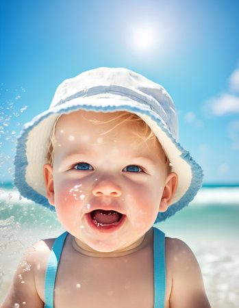 Cute baby girl in hat on the beach. Summer vacation.の素材