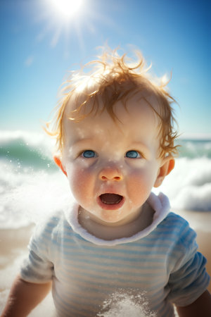 Portrait of a cute baby boy playing on the beach at sunsetの素材