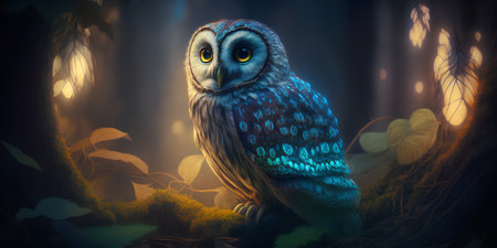 Beautiful owl in the forest at night. 3D illustration.の素材