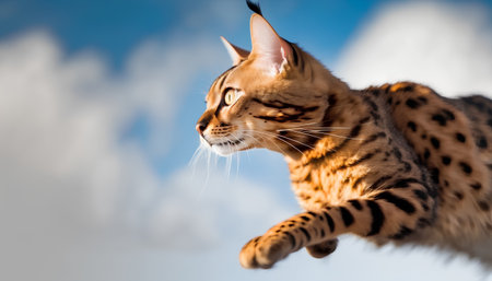 Bengal cat on the background of the blue sky with cloudsの素材