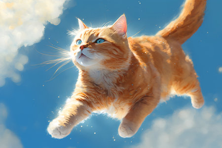 Cute ginger cat is flying in the blue sky with clouds. Fluffy pet.の素材