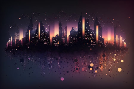 abstract night city background with skyscrapers and lights, vector illustrationの素材