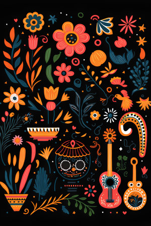 Mexican folk seamless pattern. Vector illustration in doodle style.の素材