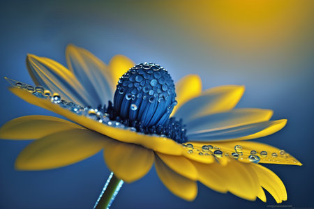 3d illustration of yellow flower with water drop in abstract color backgroundの素材