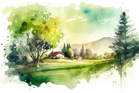 Watercolor landscape. Country house in the mountains. Vector illustration.の素材