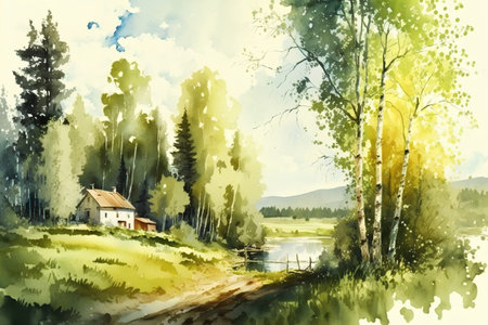 Watercolor illustration of a rural landscape with a house in the woodsの素材