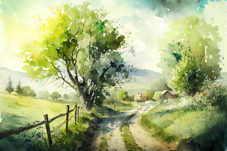 Digital watercolor painting of a rural road through a green meadow.の素材