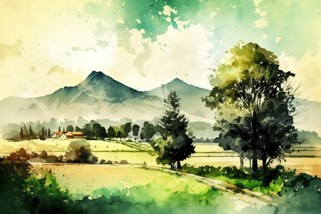 Beautiful landscape with mountains, trees and meadow in watercolor styleの素材
