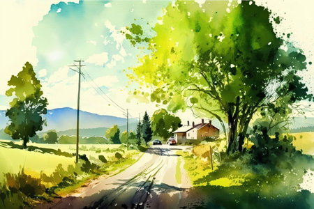 Grunge watercolor landscape with road and house in the countrysideの素材