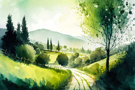Tuscany landscape with road and trees. Digital watercolor painting.の素材