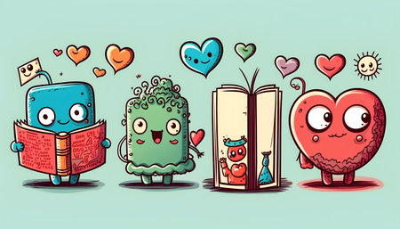 Cute cartoon monsters with books and hearts. Vector illustration for children.の素材