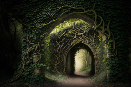 Mysterious tunnel in the forest. 3D illustration. Fantasy.の素材