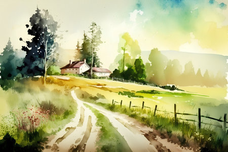 Watercolor rural landscape with country road, house and pine trees.の素材