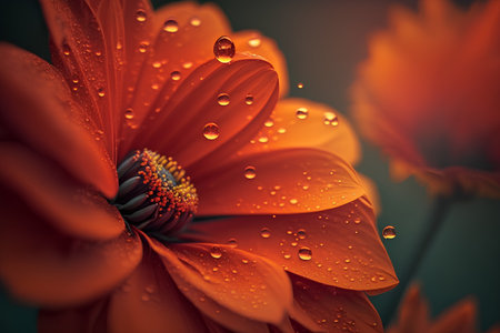Beautiful orange zinnia flower with water drops on petalsの素材