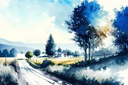 Watercolor illustration of rural landscape with a country road and a house.の素材