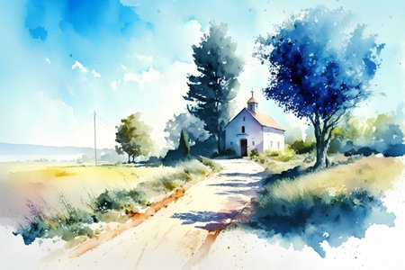 Watercolor painting of a rural road and church in the countryside.の素材