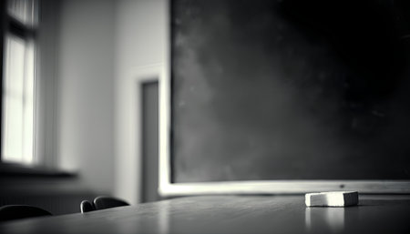 Blackboard and a piece of chalk on the table in the classroomの素材