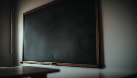 Empty blackboard with chalk on a wooden table in a classroom.の素材