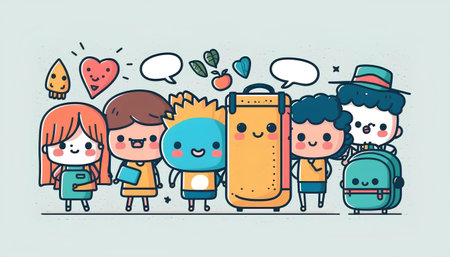 Cute school boys and girls with backpacks. Vector illustration.の素材