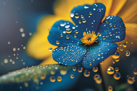 Water drops on a blue flower with yellow petals, close-upの素材