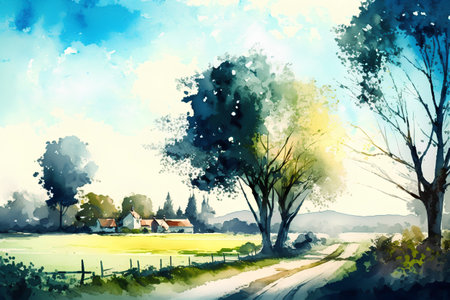 Watercolor illustration of a rural landscape with a country road and treesの素材