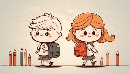 cute schoolboy and girl going back to school, vector illustrationの素材