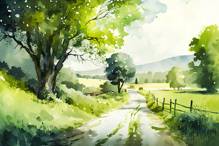 Watercolor landscape with road and trees in the countryside. Digital painting.の素材