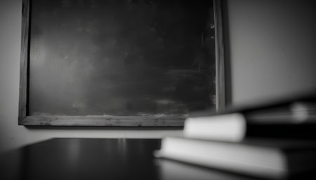 Blackboard and books in the classroom. Black and white tone.の素材