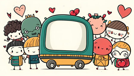 Cute cartoon kids with old TV. Vector illustration of children with retro TV.の素材