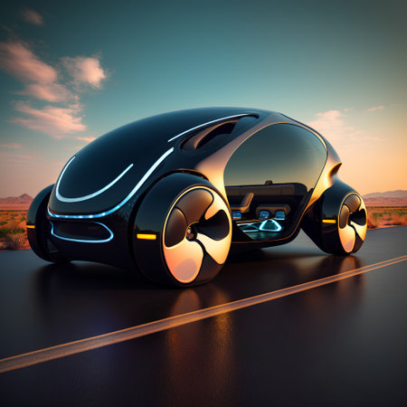 3D rendering of a concept car on the road with blue backgroundの素材