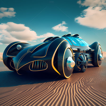 3D render of a futuristic car in the desert with blue skyの素材