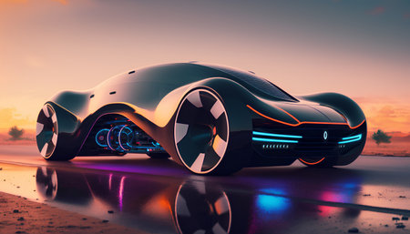 3D rendering of a brand-less generic concept car in the desertの素材