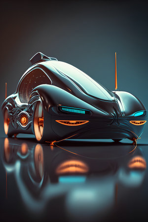 3D rendering of a concept car on a dark background with reflectionの素材
