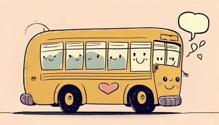Hand drawn vector illustration of a cute school bus with happy faces.の素材