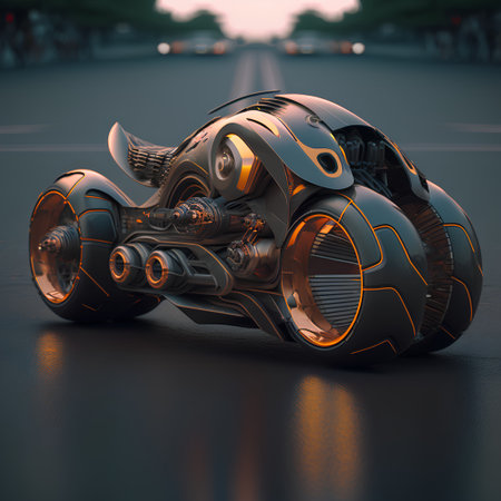3D rendering of a robot on a road in the evening.の素材