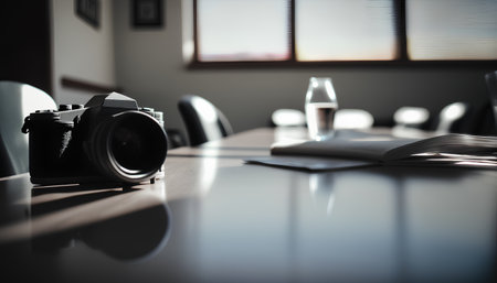 Photo camera on a table in a conference room with a glass of wineの素材