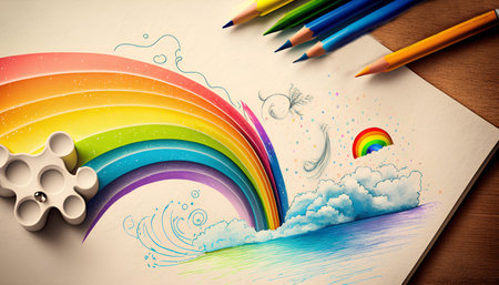 Colorful pencils and paper with drawing rainbow on the wooden backgroundの素材