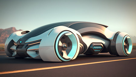 Futuristic concept car on the road. 3D rendering.の素材